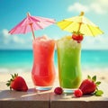 Frozen fruit punches with bright umbrellas in sun, beach, summer Royalty Free Stock Photo