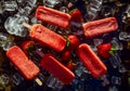 Frozen fruit strawberry pops on wooden sticks on ice