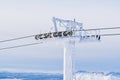 frozen funicular support poles. ski lift technology, ski resort, mountain resort. Royalty Free Stock Photo