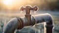 Frozen garden water tap on a cold winter morning, frozen pipes and faucets