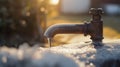 Frozen outdoor water faucet on a cold winter morning, frozen pipes and faucets