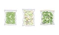 Frozen Green Pea and Broccoli Prepackaged and Ready to Culinary Use Vector Set