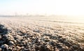 Frozen ground with hoarfrost on a farm field. Weather forecast and development time strategy for sowing growing crops.