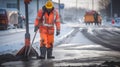 Frozen Ground, Unyielding Spirit, Road Worker Braving Winter with Jackhammer. Generative AI