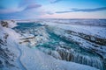 Frozen Gullfoss Falls in Iceland in winter at sunset. Royalty Free Stock Photo