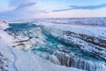 Frozen Gullfoss Falls in Iceland in winter at sunset. Royalty Free Stock Photo