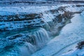 Frozen Gullfoss Falls in Iceland in winter at sunset. Royalty Free Stock Photo