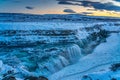 Frozen Gullfoss Falls in Iceland in winter at sunset. Royalty Free Stock Photo