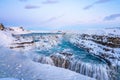 Frozen Gullfoss Falls in Iceland in winter at sunset. Royalty Free Stock Photo