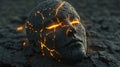 A frozen head with an inner fire, a cracked surface, and sparks Royalty Free Stock Photo