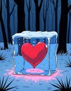 Frozen heart in snowy forest - surreal winter romance illustration