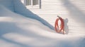 Frozen hose bib on the side of a house surrounded by deep snow, showcasing Royalty Free Stock Photo