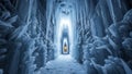 Frozen ice cave with door in winter light at end of tunnel Royalty Free Stock Photo