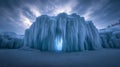 Frozen Ice Cave with Icicles Under Dramatic Sky Royalty Free Stock Photo