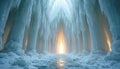 Frozen ice cave interior with formations and a glowing light at the end. Subzero temperature landscape shows icicles and frozen Royalty Free Stock Photo