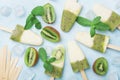 Frozen ice cream or popsicles from kiwi smoothie and yogurt decorated with mint and ice. Top view. Summer food.