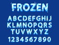 Frozen Ice Crystal Font, Typeface, Type Alphabet. Cartoon Abc Letters, Blue Uppercase Characters And Digits Set Royalty Free Stock Photo