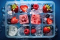 Frozen ice cubes with organic berries raspberry, strawberry, blueberry in ice cube tray Royalty Free Stock Photo