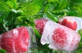 frozen in ice raspberries and strawberries and green fresh mint leaves close-up Royalty Free Stock Photo