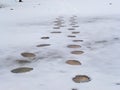 On the frozen ice of the river, there are traces of a series of gullies in the powdered snow Royalty Free Stock Photo