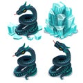 Frozen in ice and thawed snake, four vector images