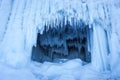 Frozen icicle cave in Baikal lake in February winter season