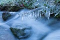 Frozen icicle on grass by mountain river