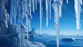 Frozen icicles hang, reflecting winter beauty in nature frame generated by AI