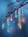 Frozen icicles hanging from a branch