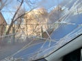 Frozen icy car windshield in late autumn or winter, view from inside Royalty Free Stock Photo