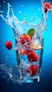 Frozen juice glass Water overflowed and splashed out around the side of the glass. Blue-gray background