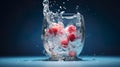 Frozen juice glass Water overflowed and splashed out around the side of the glass. Blue-gray background