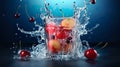 Frozen juice glass Water overflowed and splashed out around the side of the glass. Blue-gray background