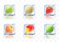 Frozen juicy fruits in ice cubes, apple, melon, lime, strawberry, peach, mango. Realistic 3d vector illustration. frozen berry for