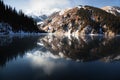 Frozen Kolsay lake in Tien-Shan mountains Royalty Free Stock Photo