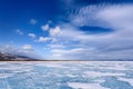 Frozen Lake Baikal. Beautiful stratus clouds over the ice surface on a frosty day. Royalty Free Stock Photo