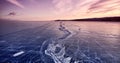 Frozen lake Baikal, at dawn. Winter landscape panorama Royalty Free Stock Photo