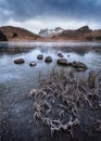 Frozen lake with beautiful view of snowcapped mountains on a Winter morning. Blea Tarn, Lake District, UK.