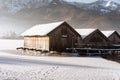 Frozen lake boathouse