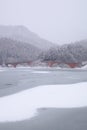 Frozen lake and bridge