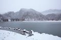 Frozen lake and bridge