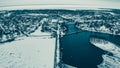 Winter Wisconsin frozen lake with bridge Royalty Free Stock Photo