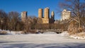 Frozen Lake in Central Park with the Bow Bridge in Winter. Upper West Side, New York City Royalty Free Stock Photo