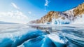 Frozen lake with clear blue ice and snow-covered surface Royalty Free Stock Photo