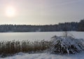 Frozen lake in cold ,misty winter day. Royalty Free Stock Photo