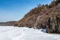 Frozen lake covered with snow with rocky shores