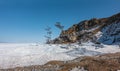 The frozen lake is covered with snow. The rocky shores are icy