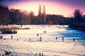 Frozen lake covered with snow in winter