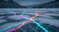 A frozen lake features multicolored neon lines that highlight cracks in the ice. Royalty Free Stock Photo