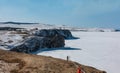 The frozen lake has steep shores. Royalty Free Stock Photo